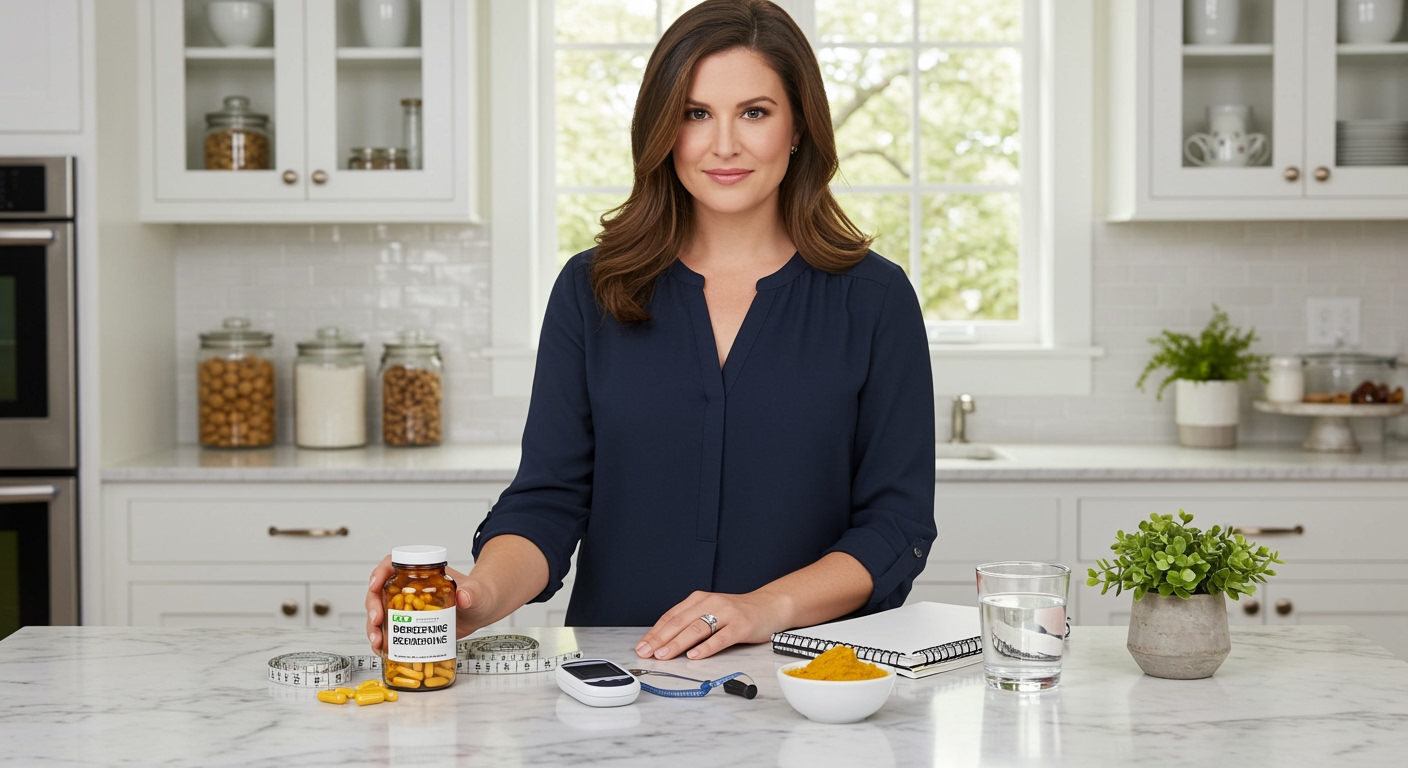 Woman standing behind marble countertop with berberine supplements and health monitoring tools in bright modern kitchen