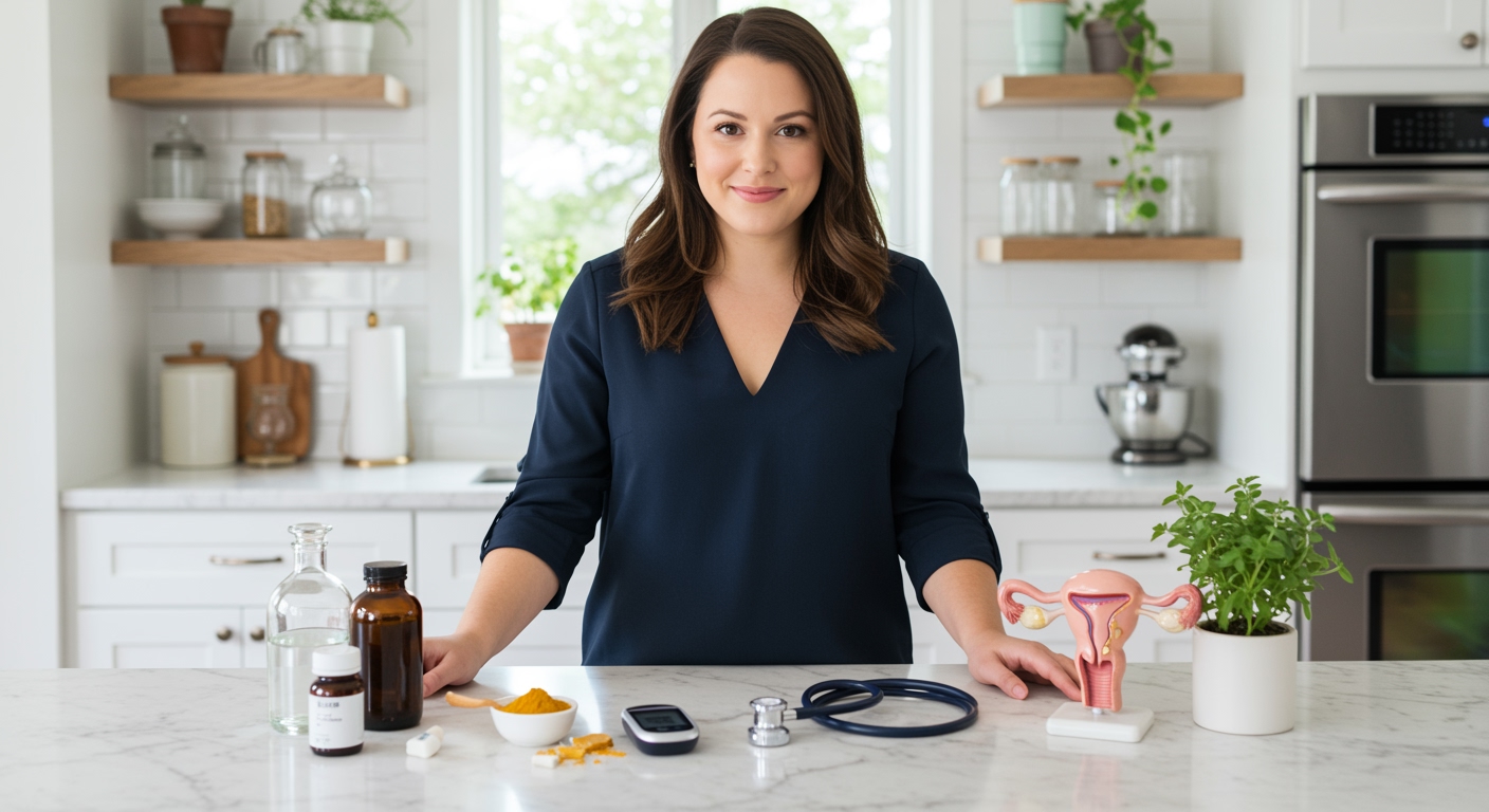 Woman standing behind marble counter with berberine powder, glucose meter, and health items in bright modern kitchen