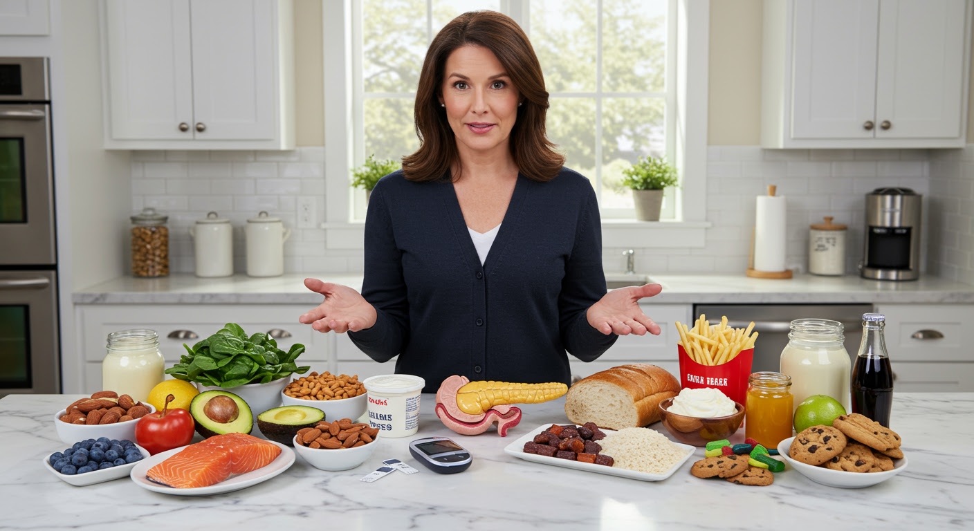 Middle-aged woman standing behind marble countertop with healthy foods on left, unhealthy foods on right, pancreas model and glucose meter
