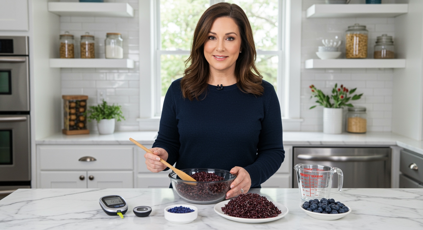Woman holding wooden spoon with black rice and diabetes monitoring tools arranged on white marble kitchen counter