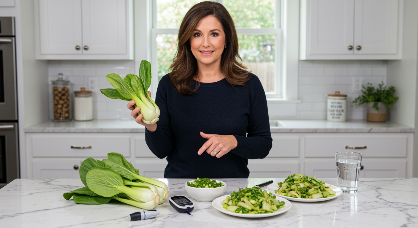 Woman holding fresh bok choy behind marble countertop with blood glucose meter and prepared bok choy dishes in modern kitchen