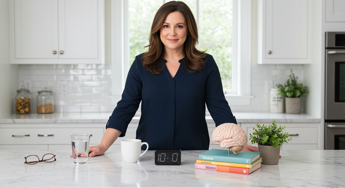 Middle-aged woman standing behind marble counter with brain model, clock, books, and coffee cup in modern kitchen