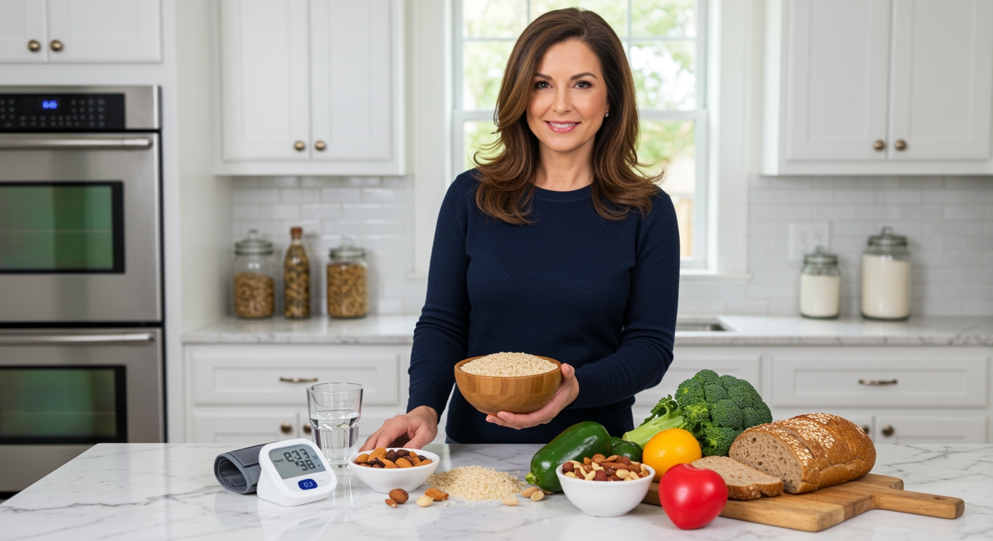 Middle-aged woman holding bowl of brown rice behind marble counter with blood pressure monitor and healthy foods in modern kitchen