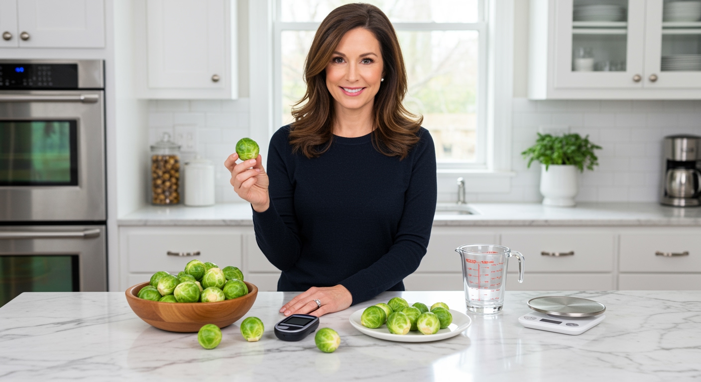 Middle-aged woman holding Brussels sprout behind white marble counter with glucose meter and fresh vegetables in modern kitchen