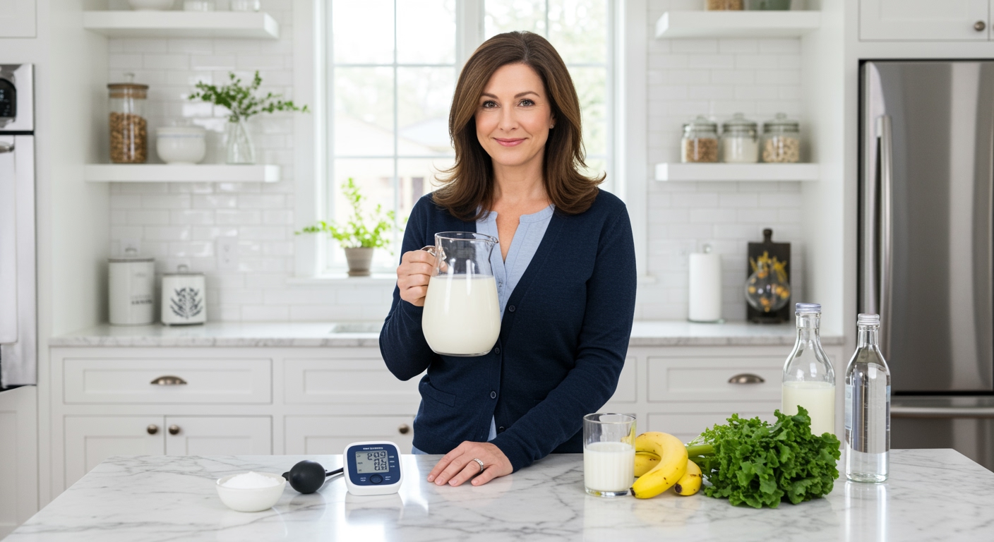 Woman holding buttermilk pitcher with blood pressure monitor and healthy foods on marble kitchen counter