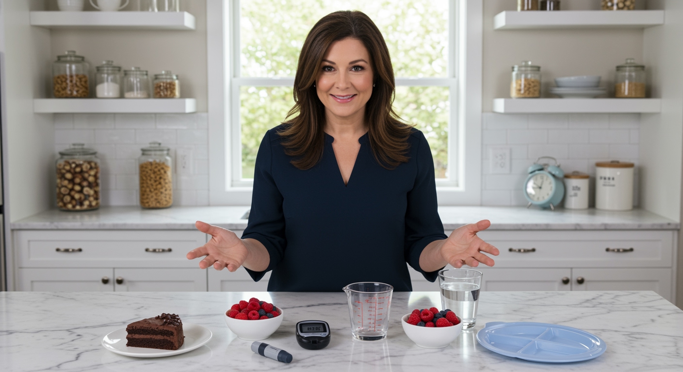 Woman standing behind marble counter with cake slice, glucose meter, measuring tools, and portion control items in modern kitchen