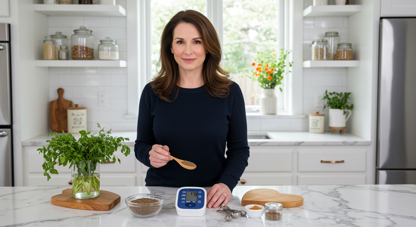 Woman holding wooden spoon with caraway seeds behind marble counter with blood pressure monitor and herbs in modern kitchen