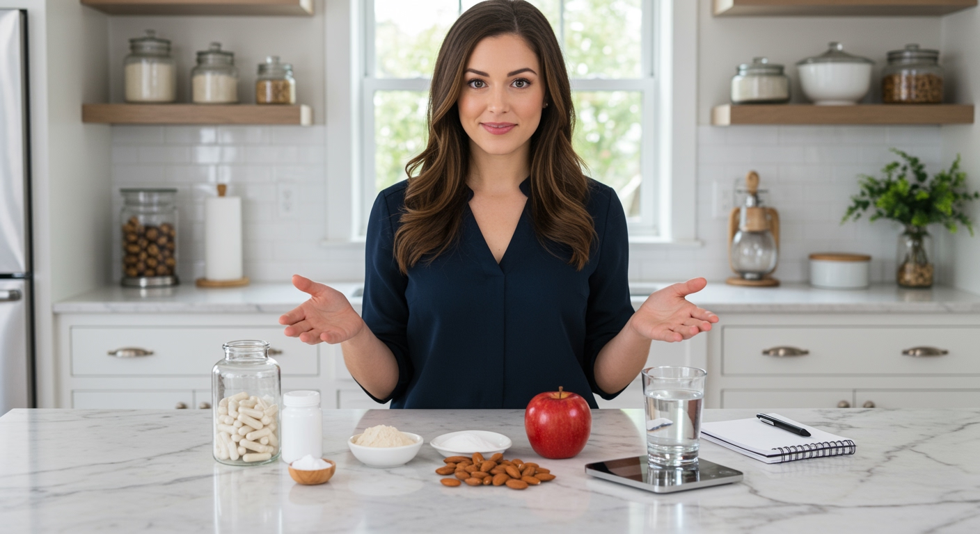 Woman standing behind marble counter with carnitine supplements, healthy foods, and measuring tools in bright modern kitchen