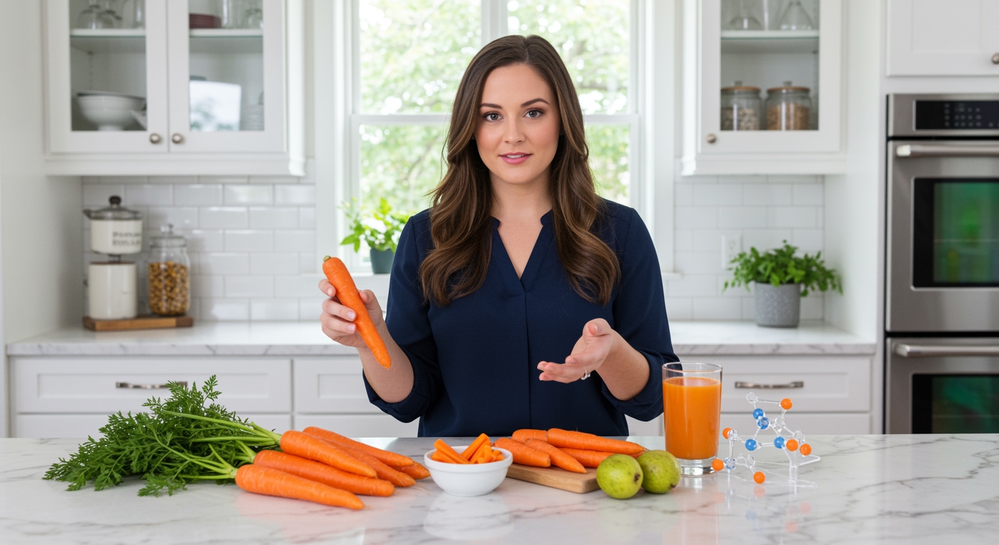 Woman arranging fresh carrots and carrot products on white marble countertop with symbolic ovary models in bright modern kitchen