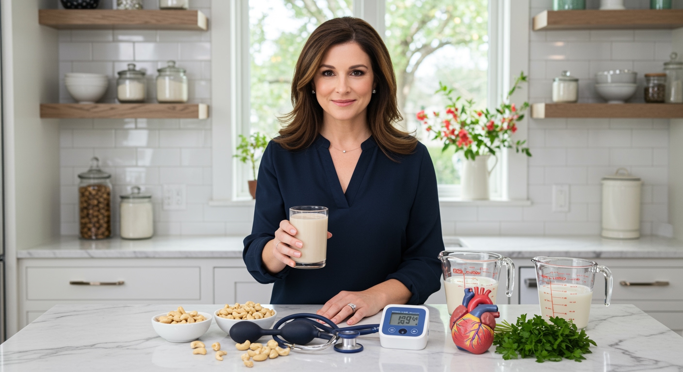 Woman holding glass of cashew cream with blood pressure monitor and heart model on marble kitchen counter