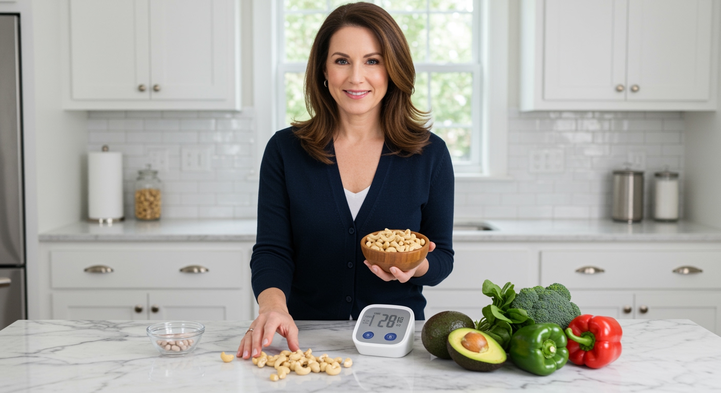 Woman holding cashews and reaching for blood pressure monitor with heart-healthy foods on marble counter in modern kitchen