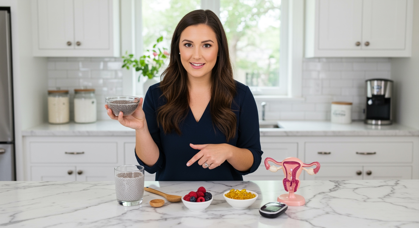 Woman holding chia seeds bowl with PCOS health items including ovary model and blood sugar monitor on marble countertop