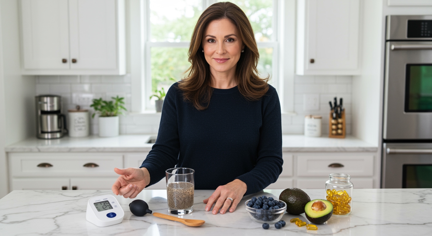 Woman holding chia seeds bowl with blood pressure monitor and heart-healthy foods on white marble kitchen counter