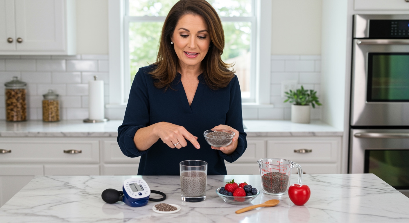 Woman holding bowl of chia seeds with blood pressure monitor and health items on marble kitchen counter