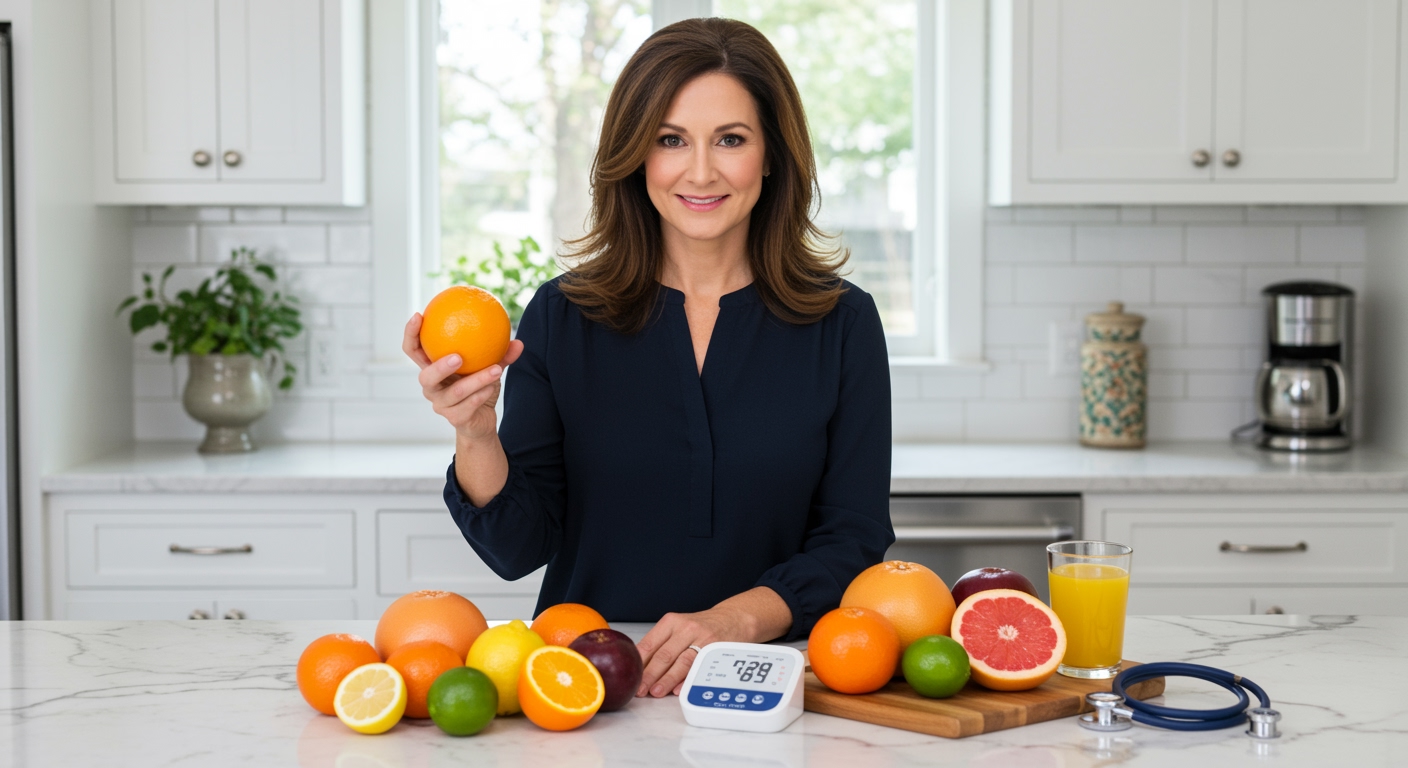 Middle-aged woman holding orange behind marble counter with various citrus fruits, blood pressure monitor, and stethoscope