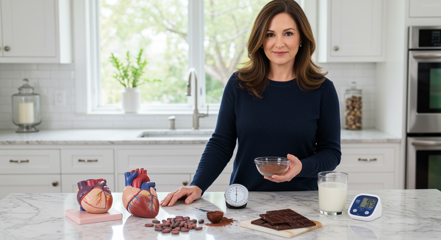 Middle-aged woman holding cocoa powder bowl behind marble counter with heart model, blood pressure monitor, and chocolate
