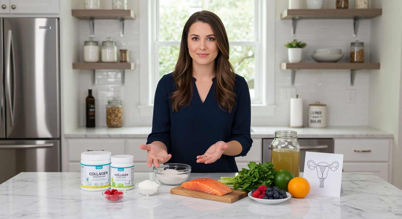 Woman standing behind marble counter with collagen powder, salmon, bone broth, berries and vegetables in modern kitchen