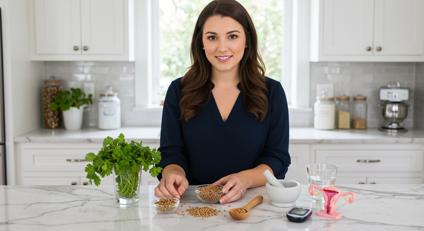 Woman holding glass bowl of coriander seeds with fresh herbs and health items arranged on white marble kitchen counter