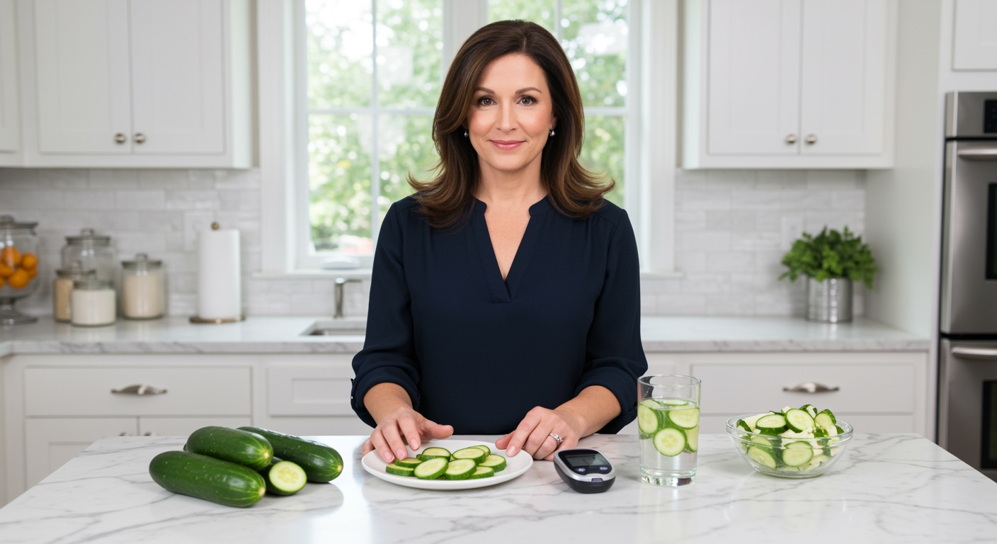 Middle-aged woman holding cucumber behind marble counter with blood glucose meter and cucumber dishes in modern kitchen