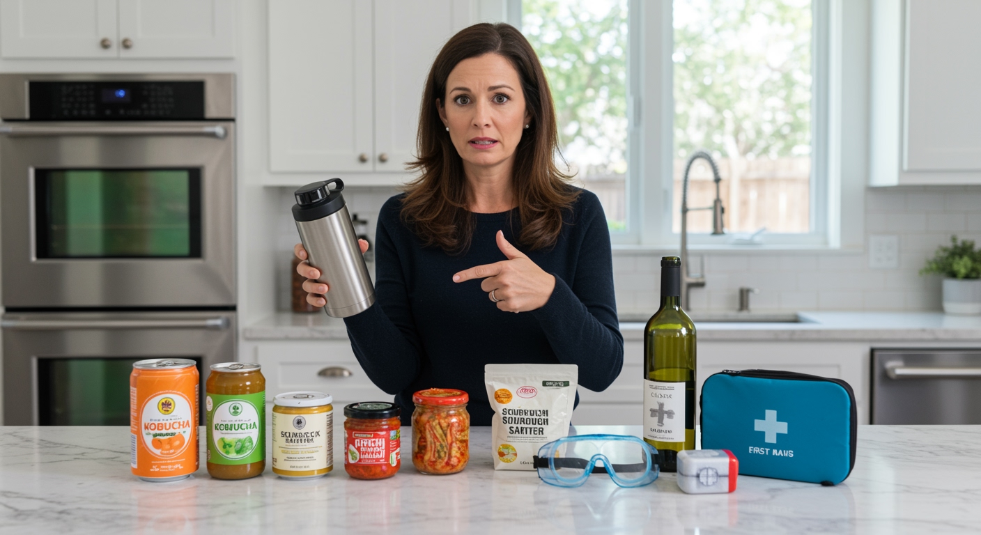 Woman holding stainless steel water bottle with safety items and fermented foods on kitchen counter