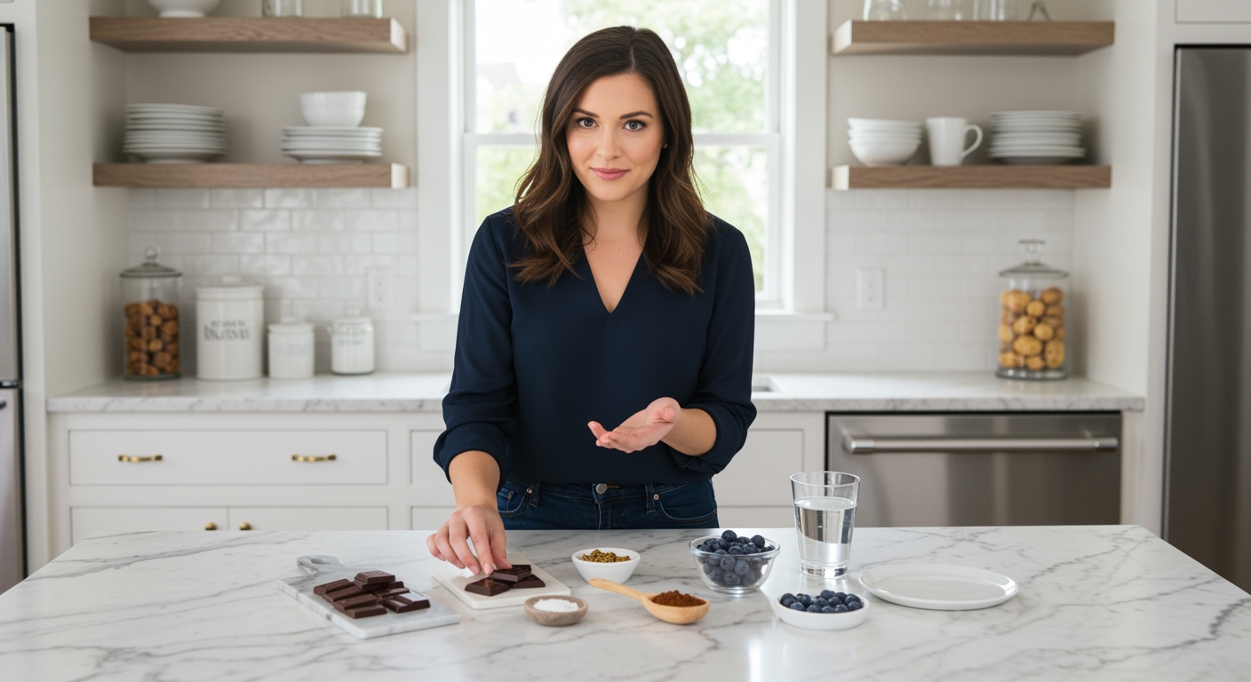 Woman standing behind marble counter with dark chocolate pieces, blueberries, and glass of water in bright modern kitchen
