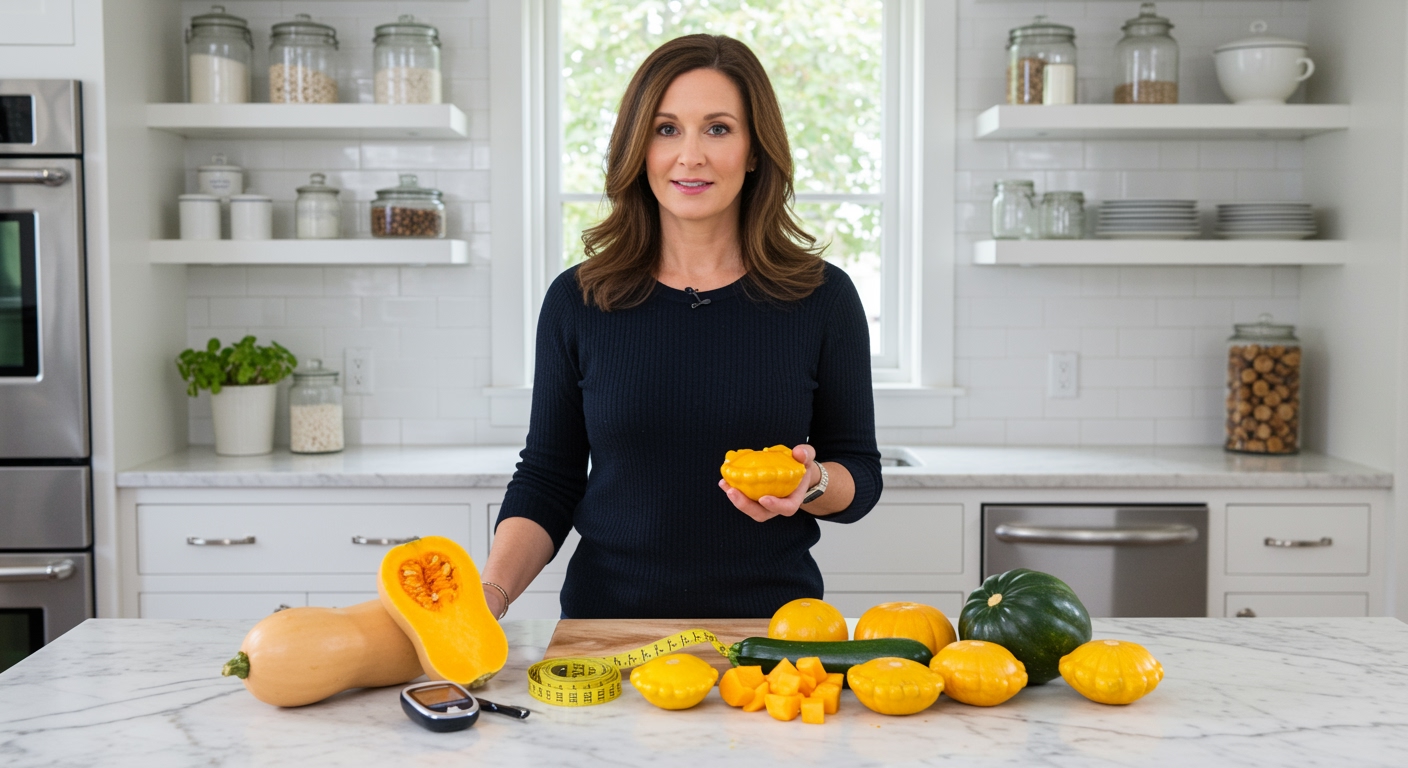 Woman holding butternut squash behind marble counter with various squash types, glucose meter, and measuring tools in modern kitchen