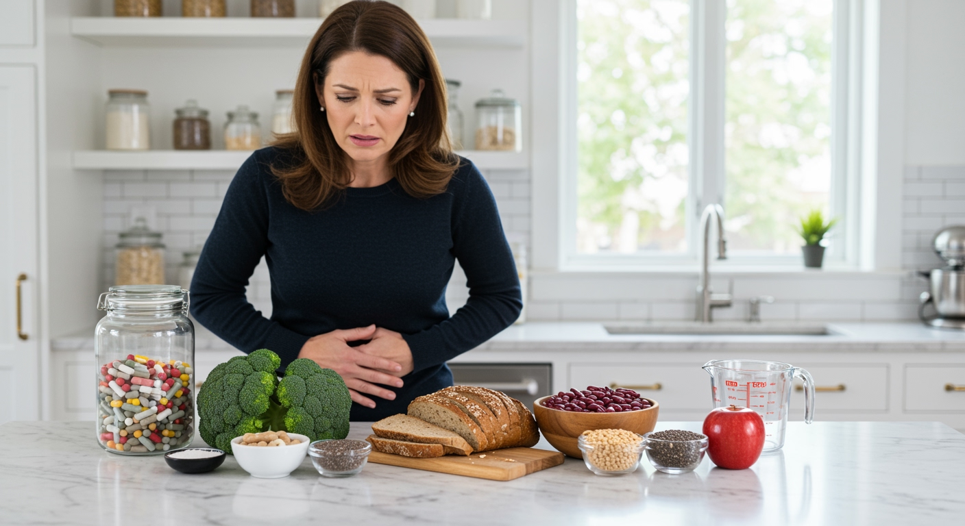 Woman holding stomach with both hands showing discomfort while standing behind marble countertop with fiber-rich foods