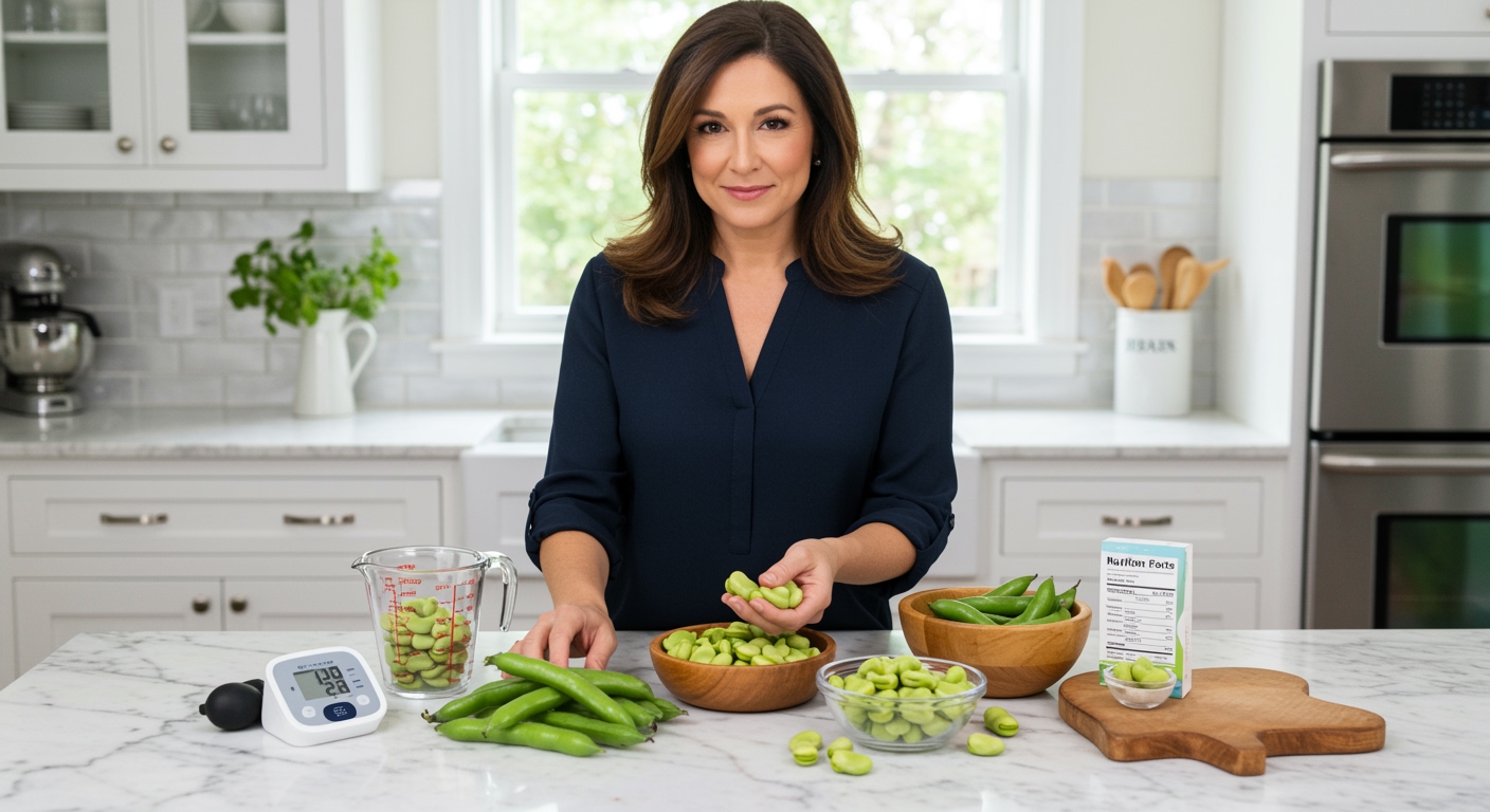 Woman holding fava beans behind marble counter with blood pressure monitor and various bean preparations visible