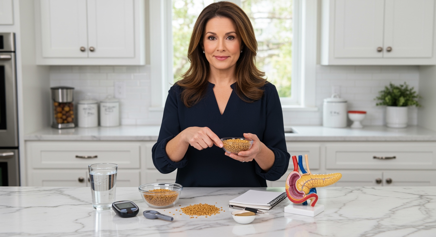 Woman holding fenugreek seeds with blood glucose meter and pancreas model on marble countertop in modern kitchen