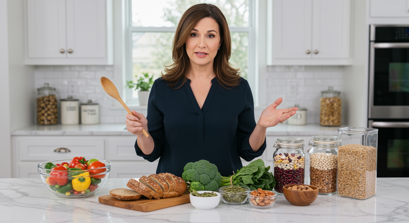Woman standing behind marble countertop displaying fiber-rich foods including vegetables, whole grains, and legumes in modern kitchen
