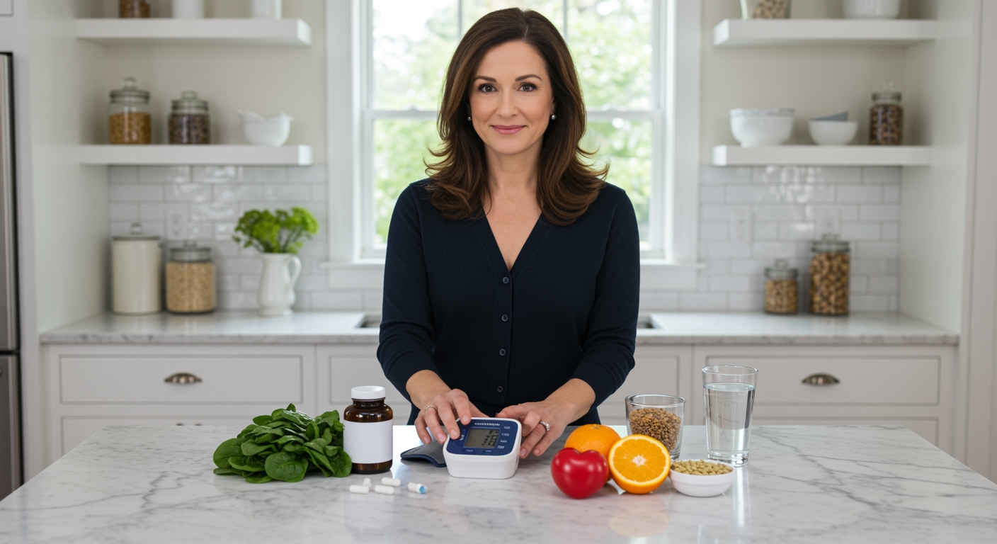 Woman standing behind marble counter with blood pressure monitor, folic acid supplements, and healthy foods in bright kitchen