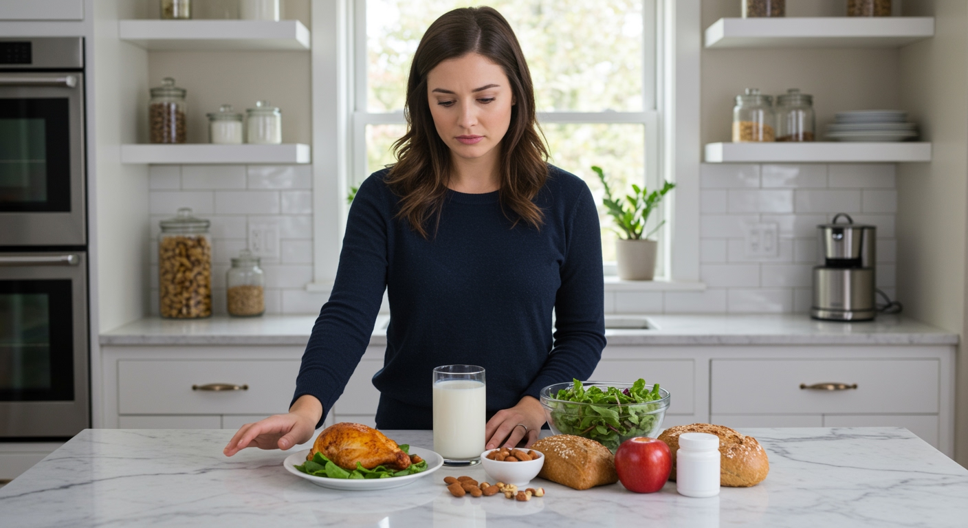 Woman standing behind marble counter looking concerned at various food items including chicken, salad, milk, and supplements