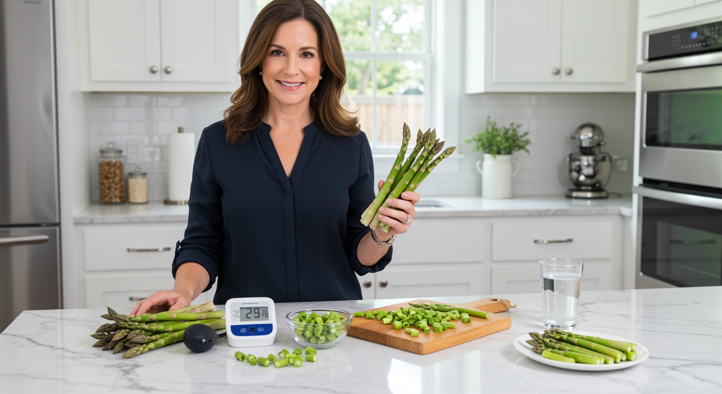 Woman holding fresh asparagus spears behind marble counter with blood pressure monitor and asparagus preparations visible