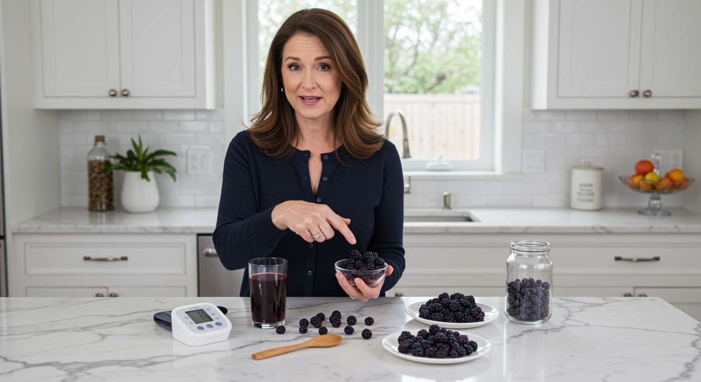 Woman holding bowl of purple boysenberries behind marble counter with blood pressure monitor and berry juice visible