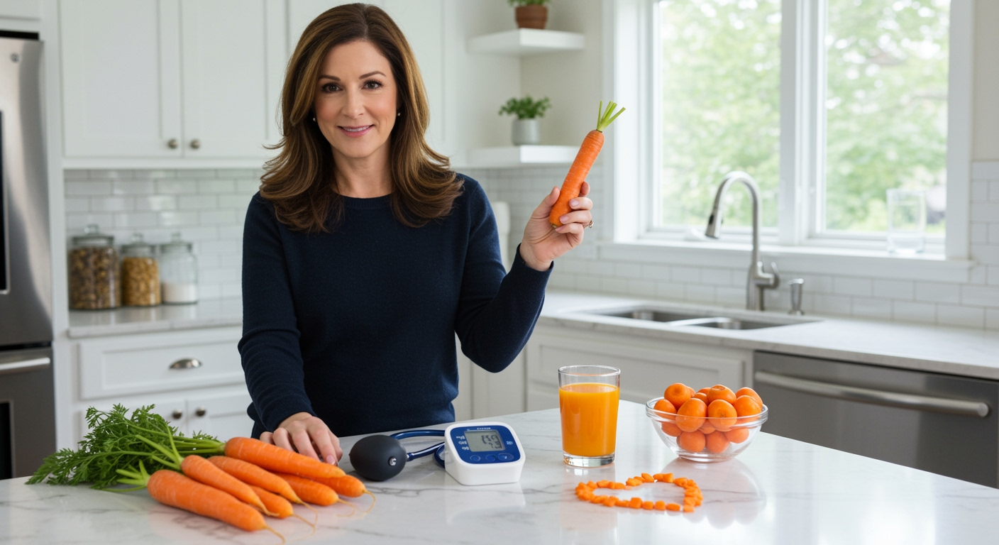 Woman holding carrot behind marble counter with blood pressure monitor, carrot juice, and heart health items in modern kitchen
