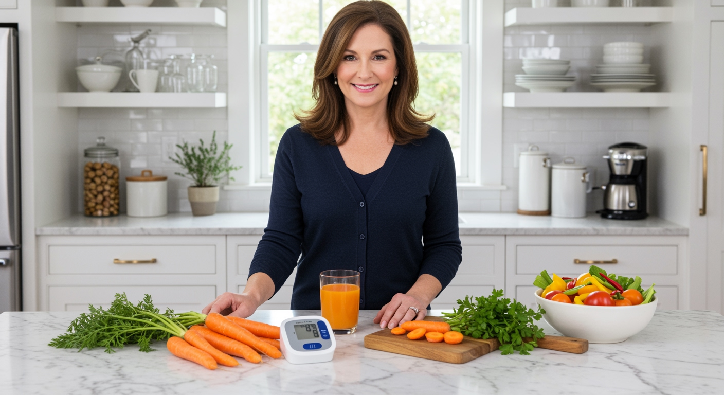 Woman holding carrot behind marble counter with blood pressure monitor, carrot juice, and fresh vegetables arranged nearby