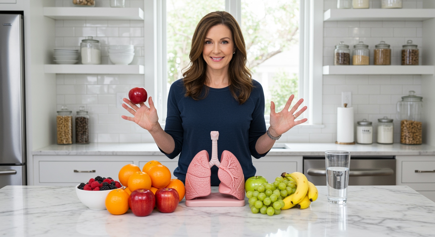 Woman holding apple behind marble counter with human lungs model and fresh fruits including oranges berries bananas grapes