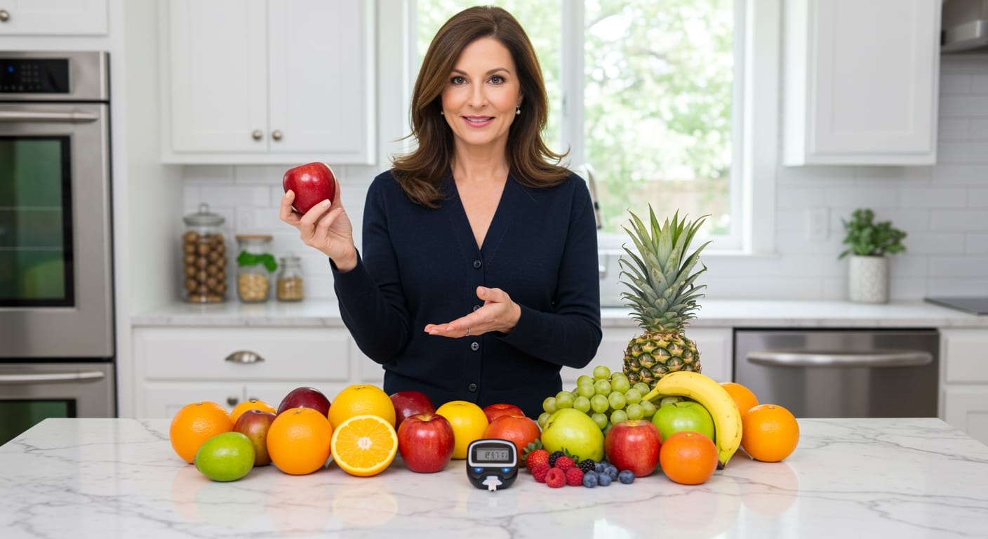 Woman holding apple while pointing to glucose meter surrounded by fresh fruits on white marble kitchen countertop