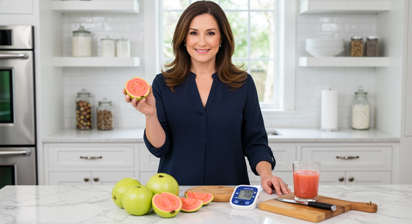 Middle-aged woman holding guava fruit behind marble counter with blood pressure monitor and guava slices in modern kitchen