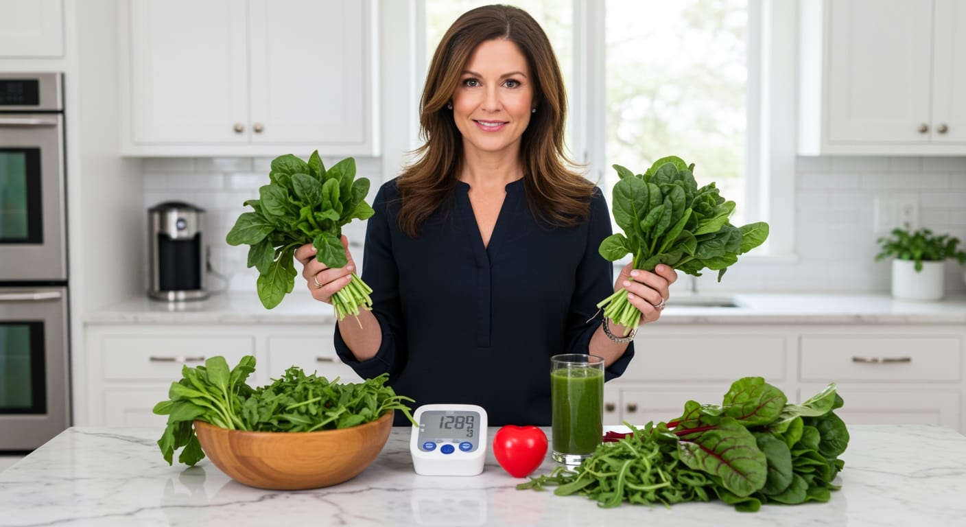 Woman holding spinach behind marble counter with leafy greens, blood pressure monitor, and heart symbol in bright kitchen