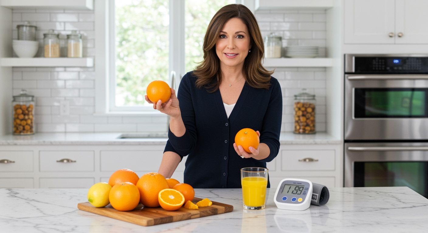 Middle-aged woman holding orange behind marble counter with citrus fruits, juice glass, and blood pressure monitor in modern kitchen
