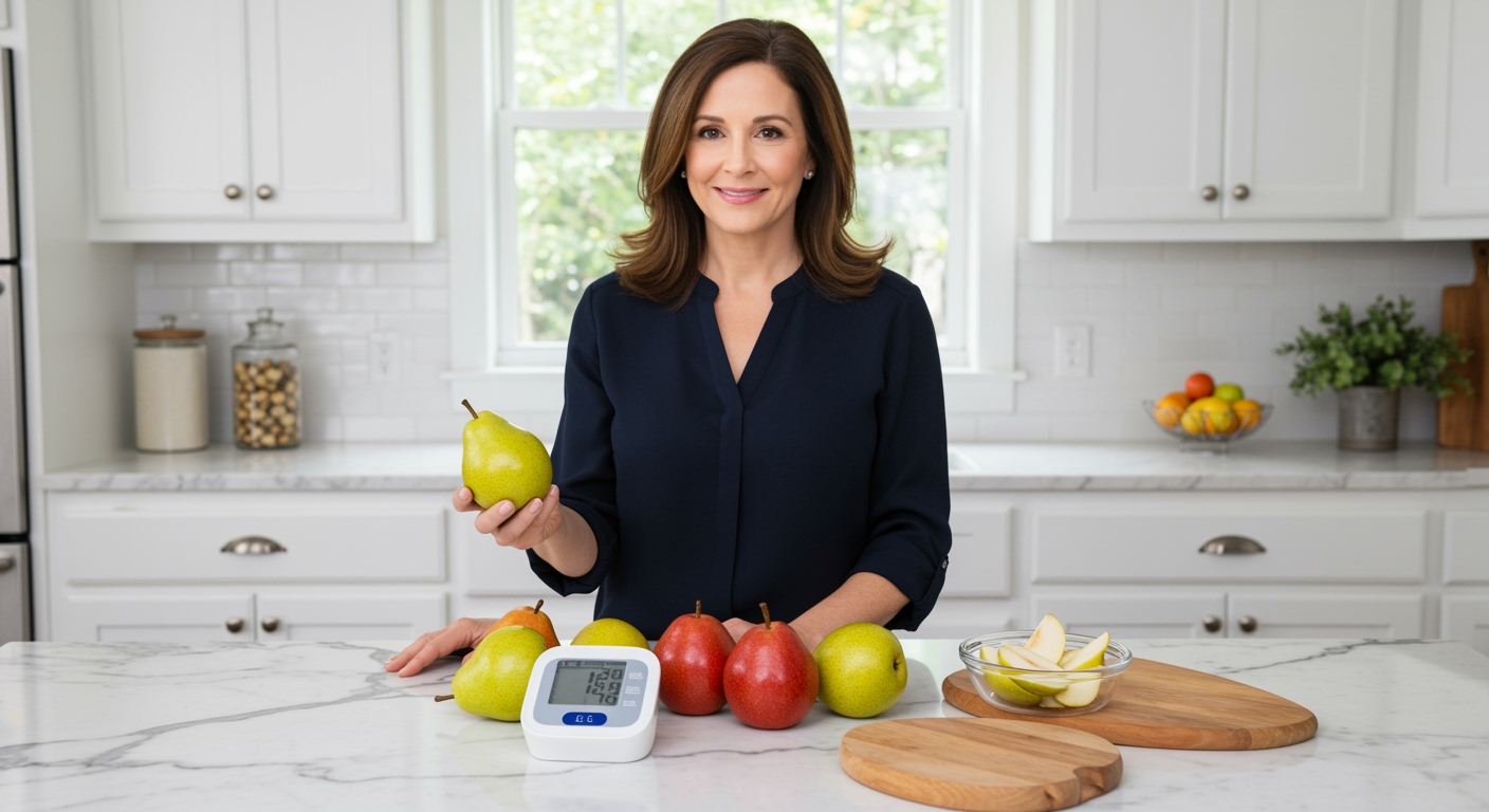 Woman holding green pear behind marble counter with blood pressure monitor and various pears displayed in modern kitchen