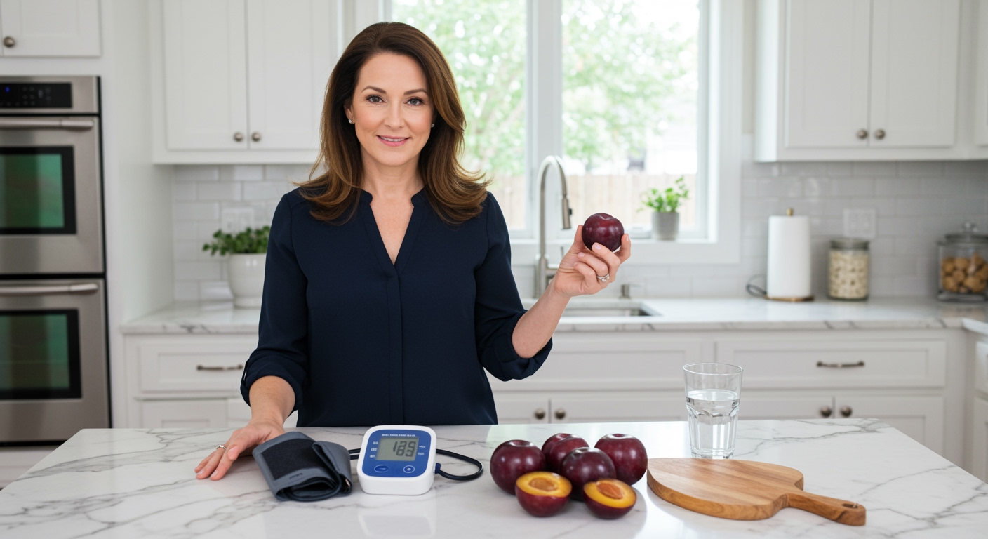 Woman holding purple plum next to blood pressure monitor on marble countertop with fresh plums and heart-shaped cutting board