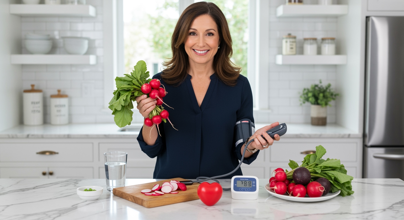 Woman holding radishes and blood pressure cuff behind marble counter with heart health items and kitchen background