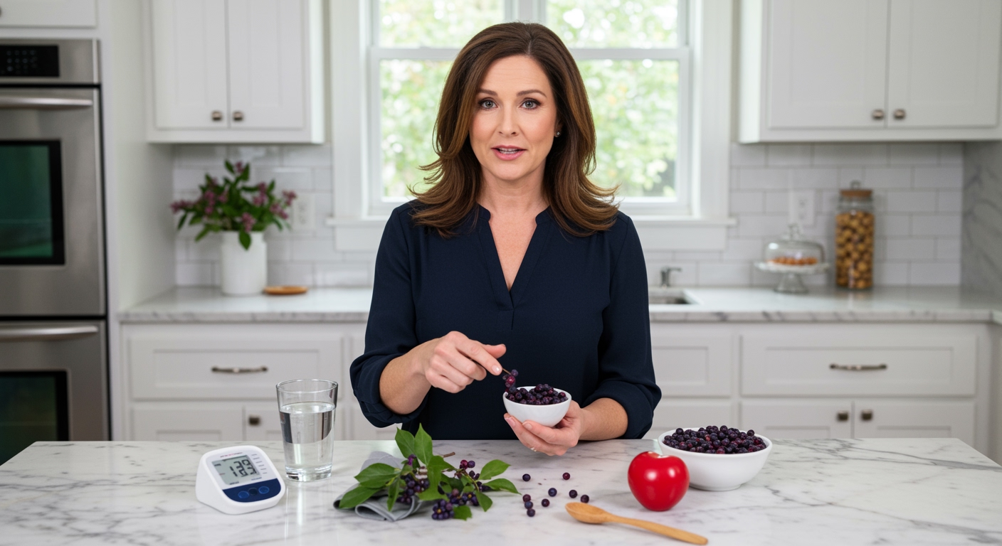 Woman holding bowl of purple serviceberries behind marble counter with blood pressure monitor and heart symbol visible