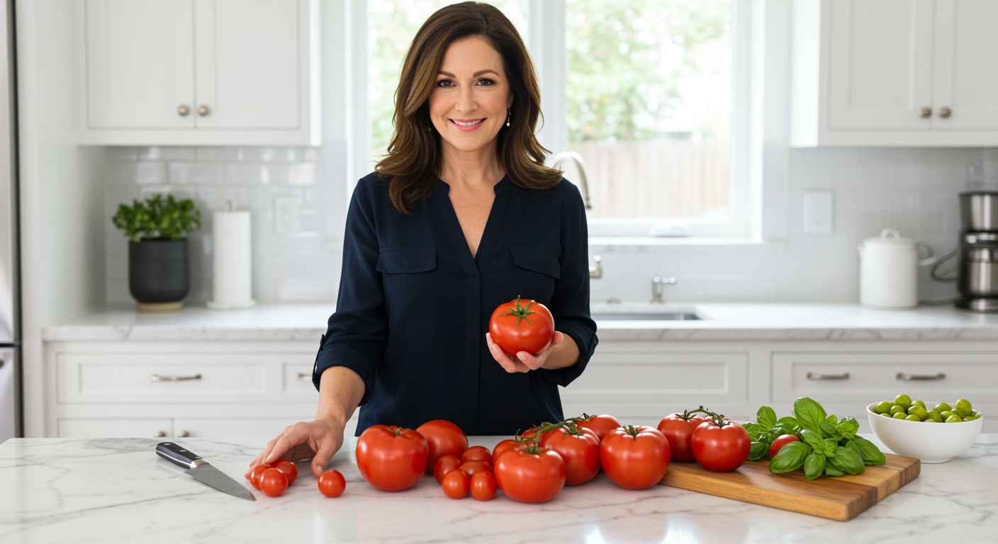 Middle-aged woman holding red tomato behind marble counter with fresh tomatoes and kitchen tools in bright modern kitchen