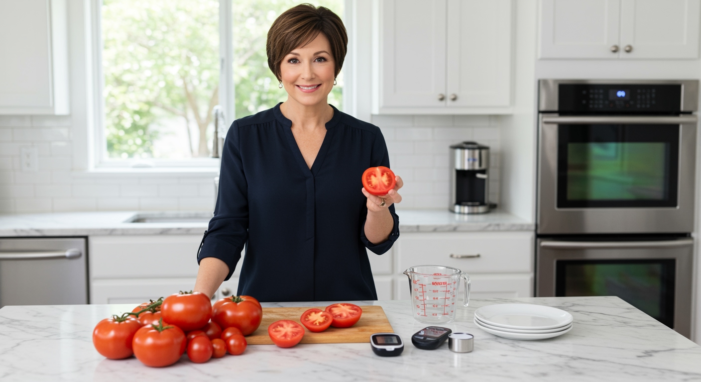 Middle-aged woman holding tomato behind marble counter with glucose meter and fresh tomatoes in bright modern kitchen