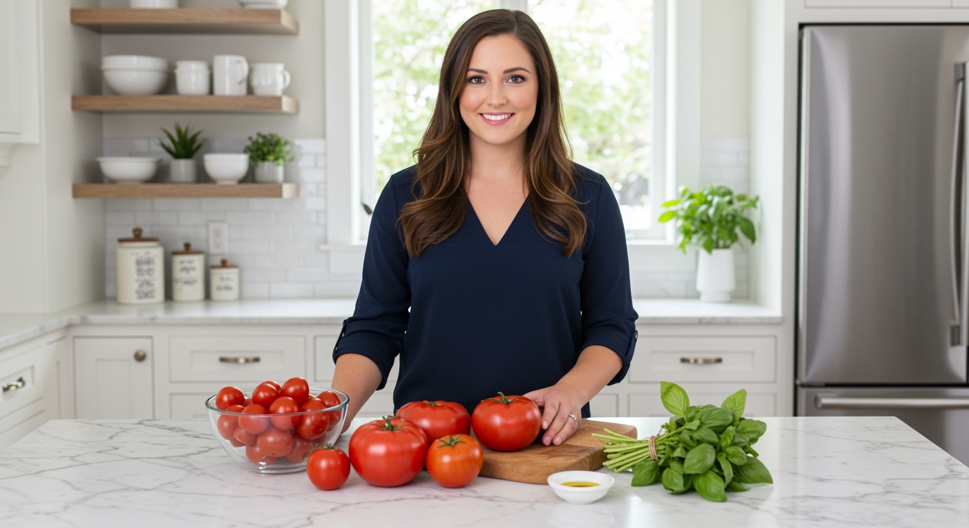 Woman standing behind marble counter with fresh tomatoes, cutting board, and herbs in bright modern kitchen setting
