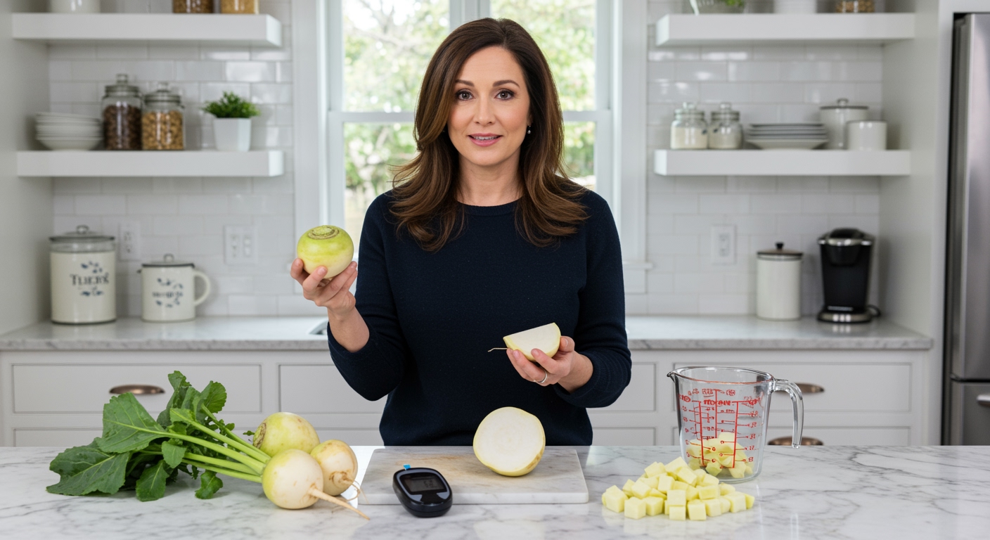 Woman holding fresh turnip behind marble counter with sliced turnips, glucose meter, and measuring cups in modern kitchen