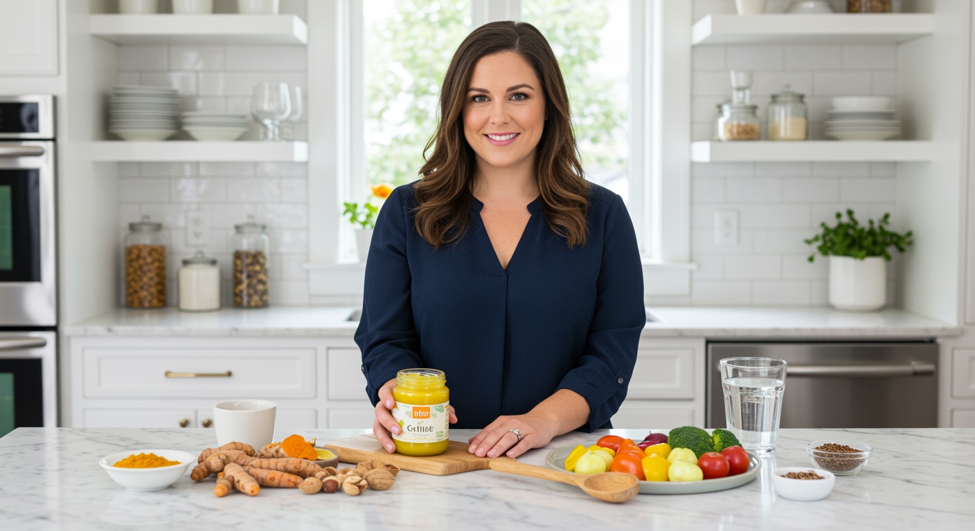 Woman holding jar of golden ghee behind marble countertop with healthy foods and kitchen utensils in bright modern kitchen